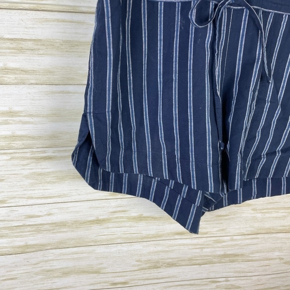 Sandy and Sid Blue Pinstriped Cotton Faux Drawstring button down Romper - Picture 3 of 6